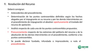 98
Deberá consignar:
• Antecedentes del procedimiento.
• Determinación de los puntos controvertidos definidos según los hechos
alegados por el impugnante en su recurso y por los demás intervinientes en
el procedimiento de impugnación al absolver oportunamente el traslado del
recurso de apelación.
• Análisis respecto de cada uno de los puntos controvertidos propuestos.
• Pronunciamiento respecto de los extremos del petitorio del recurso y de la
absolución de los demás intervinientes en el procedimiento, conforme a los
puntos controvertidos.
• Se puede declarar fundado, infundado o improcedente, o nulo el
procedimiento.
9. Resolución del Recurso
 