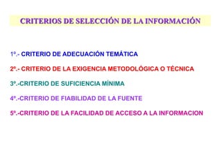 CRITERIOS DE SELECCIÓN DE LA INFORMACIÓN
1º.- CRITERIO DE ADECUACIÓN TEMÁTICA
2º.- CRITERIO DE LA EXIGENCIA METODOLÓGICA O TÉCNICA
3º.-CRITERIO DE SUFICIENCIA MÍNIMA
4º.-CRITERIO DE FIABILIDAD DE LA FUENTE
5º.-CRITERIO DE LA FACILIDAD DE ACCESO A LA INFORMACION
 