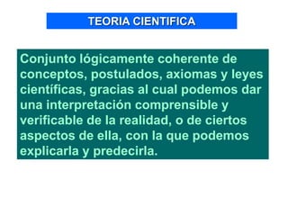 TEORIA CIENTIFICA
Conjunto lógicamente coherente de
conceptos, postulados, axiomas y leyes
científicas, gracias al cual podemos dar
una interpretación comprensible y
verificable de la realidad, o de ciertos
aspectos de ella, con la que podemos
explicarla y predecirla.
 