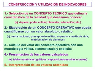 CONSTRUCCIÓN Y UTILIZACIÓN DE INDICADORES
1.- Selección de un CONCEPTO TEÓRICO que defina la
característica de la realidad que deseamos conocer
(ej. riqueza; poder militar; bienestar; educación; etc.)
2.- Elaboración de un CONCEPTO OPERATIVO que pueda
cuantificarse con un valor absoluto o relativo
(ej. renta nacional; presupuesto militar; esperanza media de vida;
matriculación de alumnos)
3.- Cálculo del valor del concepto operativo con una
metodología válida, sistematizada y explícita
4.- Presentación de los valores calculados
(ej. tablas numéricas; gráficos; exposiciones escritas u orales)
5.- Interpretación de los valores obtenidos
 