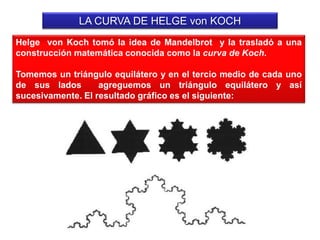 LA CURVA DE HELGE von KOCH
Helge von Koch tomó la idea de Mandelbrot y la trasladó a una
construcción matemática conocida como la curva de Koch.
Tomemos un triángulo equilátero y en el tercio medio de cada uno
de sus lados agreguemos un triángulo equilátero y así
sucesivamente. El resultado gráfico es el siguiente:
 