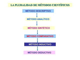 LA PLURALIDAD DE MÉTODOS CIENTÍFICOS
MÉTODO DESCRIPTIVO
MÉTODO ANALÍTICO
MÉTODO COMPARATIVO
MÉTODO SINTÉTICO
MÉTODO DEDUCTIVO
MÉTODO INDUCTIVO
 