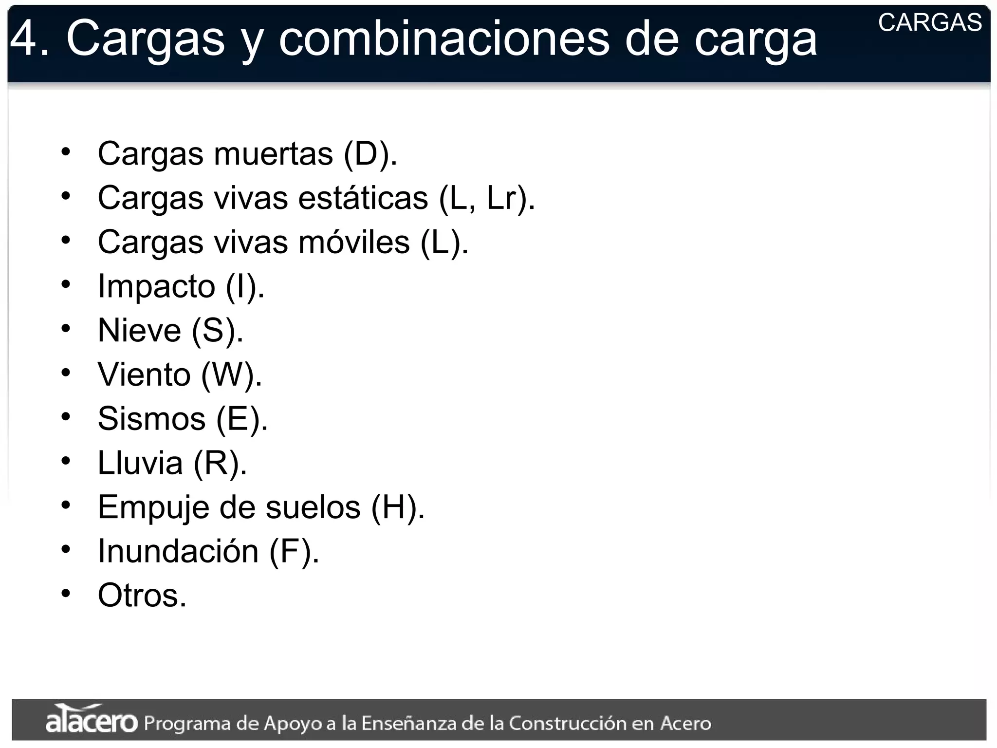 4. Cargas y combinaciones de carga
• Cargas muertas (D).
• Cargas vivas estáticas (L, Lr).
• Cargas vivas móviles (L).
• Impacto (I).
• Nieve (S).
• Viento (W).
• Sismos (E).
• Lluvia (R).
• Empuje de suelos (H).
• Inundación (F).
• Otros.
CARGAS
 