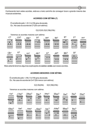 16

 Conhecendo bem estes acordes, está-se a meio caminho de conseguir tocar a grande maioria das
 músicas existentes.

                                      ACORDES COM SÉTIMA (7)

       É constituído pelo I; III; V e VIIb grau da escala.
       Ex.: No caso do acorde de C7 (Dó com sétima):

                                         C(I) E(III) G(V) Bb(VIIb)

       Veremos os acordes maiores com sétima:




Mais adiante teremos algumas explicações de como e onde usar esses acordes.


                                  ACORDES MENORES COM SÉTIMA

      É constituído pelo I; IIIb; V e VIIb grau da escala.
      Ex.: No caso do acorde de Cm7 (Dó menor com sétima):

                                       C(I) Eb(IIIb)    G(V) Bb(VIIb)

      Veremos os acordes maiores com sétima:
 