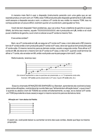 03



      A maneira mais fácil é usar o diapasão (instrumento parecido com uma gaita que ao ser
soprado produz um som com um TOM); esse TOM produzido pelo diapasão geralmente é o LÁ: então
você assopra o diapasão escuta o som, e coloca a 5º corda do seu violão no mesmo TOM. isso no
começo pode ser um pouco difícil, você tem que ter um ouvido bom, para igualar os Tons.

       Você não tem diapasão? Sem problemas, aqui vai a dica: Puxe o telefone do gancho e ouça o
SINAL de linha isso mesmo, aquele TUUUUUUUUUUUU, ele é produzido em LÁ, então e só você
puxar o telefone do gancho, ouvir o tom e colocar a sua 5º corda no mesmo Tom.

      E as outras cordas?

        Bem, se a 5º corda está em LÁ, ao segurar a 5º corda na 5º casa, o tom dela será o RÉ (mesmo
tom da 4º corda) então o tom produzido pela 5º corda na 5º casa, deve ser igual ao tom produzido pela
4º corda solta. O mesmo raciocínio para as demais cordas, exceto a segunda corda. Para afinar a 2º
corda em SI, ela deve ter o mesmo tom da 3º corda na 4º casa, e não na 5º, quando você terminar de
afinar a 1º corda, ela vai estar em MI, então você pode usa-la para pegar o tom da 6º, corda.

      Reformulando, teremos isso:


                                                                                        = 0
                                                                               0   5ª
                                                                           =
                                                             = 0      4º
                                                = 0     5ª
                                       0   5ª
                                   =
                              5ª
             (Os números representam a casa na qual deve ser pressionada, e, o n.º 0 representa corda solta.
                   Exemplo: A 6ª corda quando pressionada na 5ª casa, é igual a 5ª corda solta, etc.)




      Essa é a chamada AFINAÇÃO DE DIAPASÃO ou Standart, aprendendo ela você terá a base
para outras afinações, você já deve ter ouvido falar que "tal banda tem afinação baixa", o que é isso?
e quando eu abaixo o tom de TODAS as cordas simultaneamente, ou seja, se eu baixar a 6º corda
um TOM (equivalente a duas casas) e seguir o mesmo raciocínio para as demais eu terei:


   Afinação em 1 tom abaixo da Padrão

                                       D
                                       A
                                       F
                                       C
                                       G
                                       D



  E assim vai, você pode baixar ou aumentar os tons das suas cordas, desde que faça na mesma
  proporção.
 