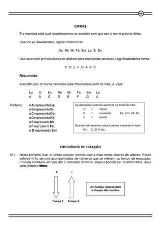 06




                                                    CIFRAS

      É a maneira pela qual reconhecemos os acordes sem que use o nome próprio deles.

      Quando se fala em notas, logo lembramos de:

                                     Do Ré Mi Fá Sol La Si Do

      Usa-se as sete primeira letras do alfabeto para representar as notas. Logo ficaria desta forma:

                                          C D E F G A B C

      Resumindo:

      A substituição do nome das notas pela cifra é feita a partir da nota La. Veja:

             La     Si     Do        Ré    Mi        Fá     Sol     La
             A      B      C         D     E         F      G       A

Portanto:    o A representa La;                     As alterações poderão aparecer na frente da cifra.
             o B representa Si;                            m     =     menor
             o C representa Do;                            #     =     sustenido        Ex: Cm; C#; Ab.
             o D representa Ré;                            b     =     bemól
             o E representa Mi;
             o F representa Fa;                     Quando não aparece nada é porque o acorde é maior.
             o G representa Sol.                         Ex.: C; D; E etc...




                                      EXERCÍCIOS DE FIXAÇÃO

01)   Nesta primeira fase do violão popular, iremos usar a mão direita através de vetores. Esses
      vetores virão sempre acompanhados de números que se referem ao tempo de execução.
      Procure contá-los sempre até o completo domínio. Depois podem ser abandonados. Aqui
      vai o primeiro ritmo:

                                 P              I




                                                               As flechas representam
                                                                a direção das batidas.



                              Tempo 1      Tempo 2
 