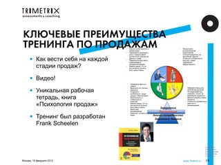 КЛЮЧЕВЫЕ ПРЕИМУЩЕСТВА
ТРЕНИНГА ПО ПРОДАЖАМ                 •       Хорошо подготовьтесь к
                                             презентации.
                                                                                      •   Презентуйте
                                                                                          альтернативные
                                     •       Переходите напрямую к                        предложения.
                                             делу и предоставьте                      •   Сконцентрируйтесь на


     •    Как вести себя на каждой
                                             достаточное количество                       важнейших фактах.
                                             фактов и цифр.                           •   Отметьте в особенности
                                     •       Предложите ему много                         престиж, новые
                                             информации в                                 требования,

          стадии продаж?             •
                                             письменной форме.
                                             Имейте ввиду, что на
                                             все вопросы должны
                                             быть даны ответы.
                                                                                          эффективность.




     •    Видео!
                                         •    Приведите факты и
                                              цифры.


     •
                                                                                            •   Избегайте большого

          Уникальная рабочая
                                         •    Выясните его личные
                                              ценности.                                         количества деталей.
                                         •    Отметьте в                                        Останавливайтесь
                                              особенности, когда                                подробно только на

          тетрадь, книга                      продукт обеспечивает                              важнейших моментах.
                                              безопасность и                                •   Демонстрируйте новые
                                              стабильность                                      продукты.
                                              качества.                                     •   Отметьте в особенности

          «Психология продаж»            •    Имейте ввиду, что на
                                              все вопросы должны
                                              быть даны ответы.           Завершение
                                                                                                престиж и
                                                                                                рекомендации.

                                         •    Дайте ему
                                              рекомендации                Презентация

     •
                                              клиентов, которых он

          Тренинг был разработан              знает.                  Анализ потребностей
                                                                       Завоевание доверия

          Frank Scheelen


                                                                                                                    Следующий
                                                                                                                    Предыдущий
                                                                                                                    Начало презент.
                                                                                                                    Конец презент.
                                                                                                                    Посл.просм.

Москва, 15 февраля 2012                                                                     www.3metrix.ru          39
 