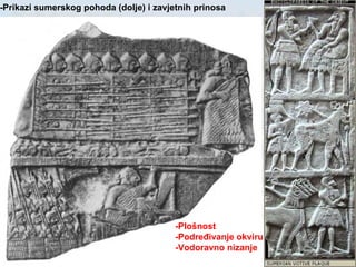 -Prikazi sumerskog pohoda (dolje) i zavjetnih prinosa -Plošnost -Podređivanje okviru -Vodoravno nizanje 