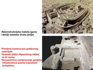 -Rekonstrukcijska maketa (gore) i detalji ostataka Uruka (dolje) *Primjena kamena kao građevnog  materijala *Hramski platoi elipsoidnog oblika na tri razine *Koncentrično usmjeravanje gradske  infrastrukture prema hramskom kompleksu 