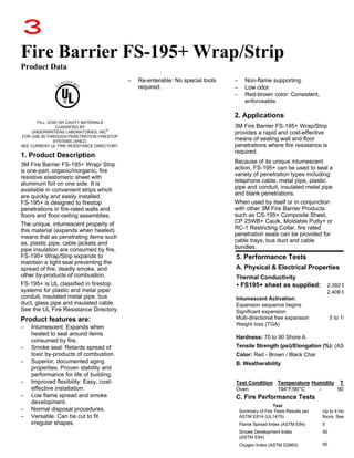 3
Fire Barrier FS-195+ Wrap/Strip
Product Data
FILL, VOID OR CAVITY MATERIALS
CLASSIFIED BY
UNDERWRITERS LABORATORIES. INC
®
FOR USE IN THROUGH-PENETRATION FIRESTOP
SYSTEMS (XHEZ).
SEE CURRENT UL FIRE RESISTANCE DIRECTORY.
1. Product Description
3M Fire Barrier FS-195+ Wrap/ Strip
is one-part, organic/inorganic, fire
resistive elastomeric sheet with
aluminum foil on one side. It is
available in convenient strips which
are quickly and easily installed.
FS-195+ is designed to firestop
penetrations in fire-rated walls and
floors and floor-ceiling assemblies.
The unique, intumescent property of
this material (expands when heated)
means that as penetrating items such
as, plastic pipe, cable jackets and
pipe insulation are consumed by fire,
FS-195+ Wrap/Strip expands to
maintain a tight seal preventing the
spread of fire, deadly smoke, and
other by-products of combustion.
FS-195+ is UL classified in firestop
systems for plastic and metal pipe/
conduit, insulated metal pipe, bus
duct, glass pipe and insulated cable.
See the UL Fire Resistance Directory.
Product features are:
− Intumescent: Expands when
heated to seal around items
consumed by fire.
− Smoke seal: Retards spread of
toxic by-products of combustion.
− Superior, documented aging
properties. Proven stability and
performance for life of building.
− Improved flexibility: Easy, cost-
effective installation.
− Low flame spread and smoke
development.
− Normal disposal procedures.
− Versatile: Can be cut to fit
irregular shapes.
− Re-enterable: No special tools
required.
− Non-flame supporting.
− Low odor.
− Red-brown color: Consistent,
enforceable.
2. Applications
3M Fire Barrier FS-195+ Wrap/Strip
provides a rapid and cost-effective
means of sealing wall and floor
penetrations where fire resistance is
required.
Because of its unique intumescent
action, FS-195+ can be used to seal a
variety of penetration types including:
telephone cable, metal pipe, plastic
pipe and conduit, insulated metal pipe
and blank penetrations.
When used by itself or in conjunction
with other 3M Fire Barrier Products
such as CS-195+ Composite Sheet,
CP 25WB+ Caulk, Moldable Putty+ or
RC-1 Restricting Collar, fire rated
penetration seals can be provided for
cable trays, bus duct and cable
bundles.
5. Performance Tests
A. Physical & Electrical Properties
Thermal Conductivity
• FS195+ sheet as supplied: 2.392 BTU/
2.406 BTU/
Intumescent Activation:
Expansion sequence begins
Significant expansion
Multi-directional free expansion 5 to 15 tim
Weight loss (TGA)
Hardness: 70 to 90 Shore A
Tensile Strength (psi)/Elongation (%): (ASTM D
Color: Red - Brown / Black Char
B. Weatherability
Test Condition Temperature Humidity Time
Oven 194°F/90°C - 90 Day
C. Fire Performance Tests
Test
Summary of Fire Tests Results per
ASTM E814 (UL1479)
Flame Spread Index (ASTM E84)
Smoke Development Index
(ASTM E84)
Oxygen Index (ASTM D2863)
Up to 4 hours ra
floors. See UL B
5
50
50
WWW.CABLEJOINTS.CO.UK
THORNE & DERRICK UK
TEL 0044 191 490 1547 FAX 0044 477 5371
TEL 0044 117 977 4647 FAX 0044 977 5582
WWW.THORNEANDDERRICK.CO.UK
 