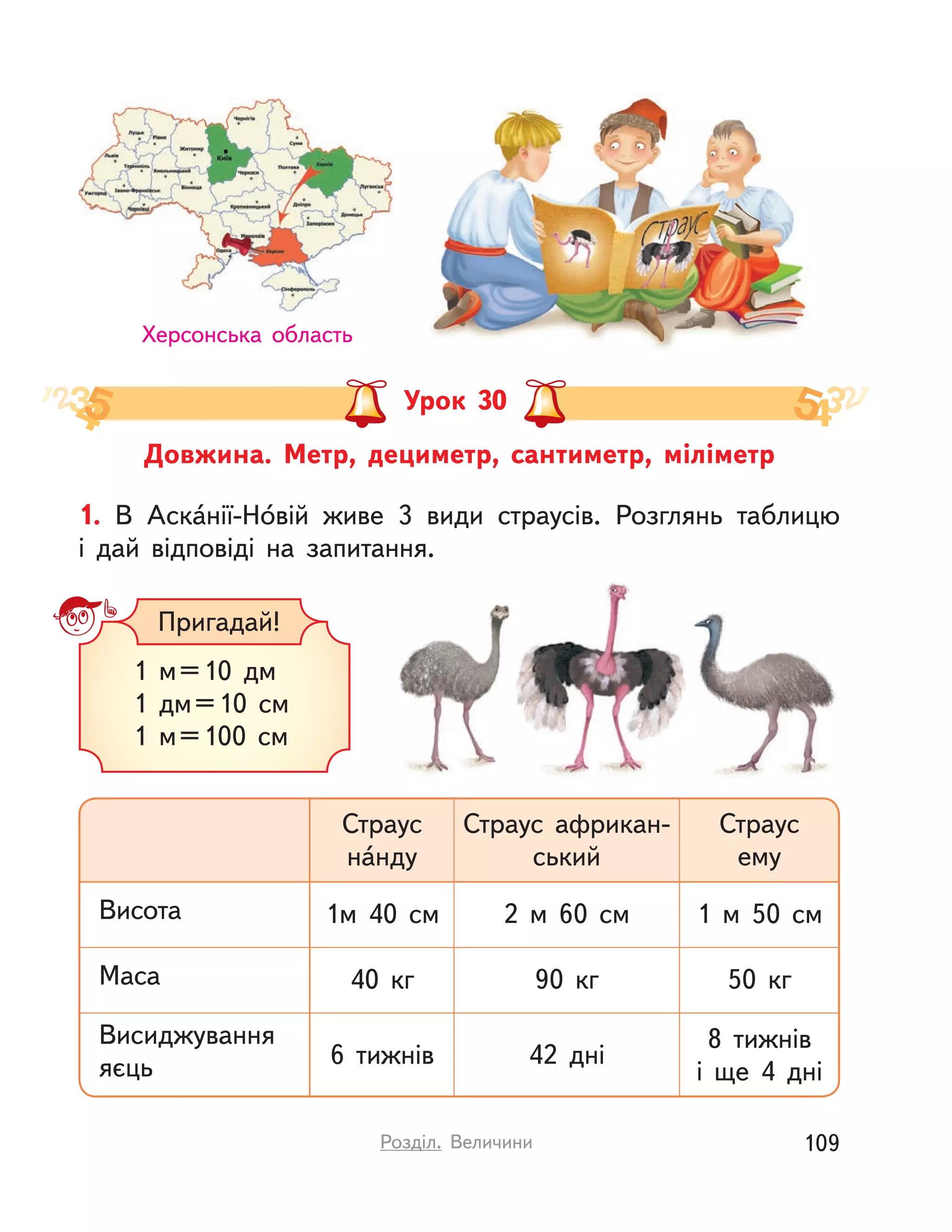Херсонська область
Довжина. Метр, дециметр, сантиметр, міліметр
Урок 30
1. В  Аска́нії-Но́вій живе 3 види страусів. Розглянь таблицю
і  дай відповіді на запитання.
1 м=10 дм
1 дм=10  см
1 м=100  см
Пригадай!
Страус
ему
Висиджування
яєць
8 тижнів
і  ще 4 дні
Маса 50  кг
Висота
Страус африкан-
ський
42 дні
90  кг
2  м 60  см
Страус
на́нду
6 тижнів
40  кг
1м 40  см 1  м 50  см
109Розділ. Величини
 