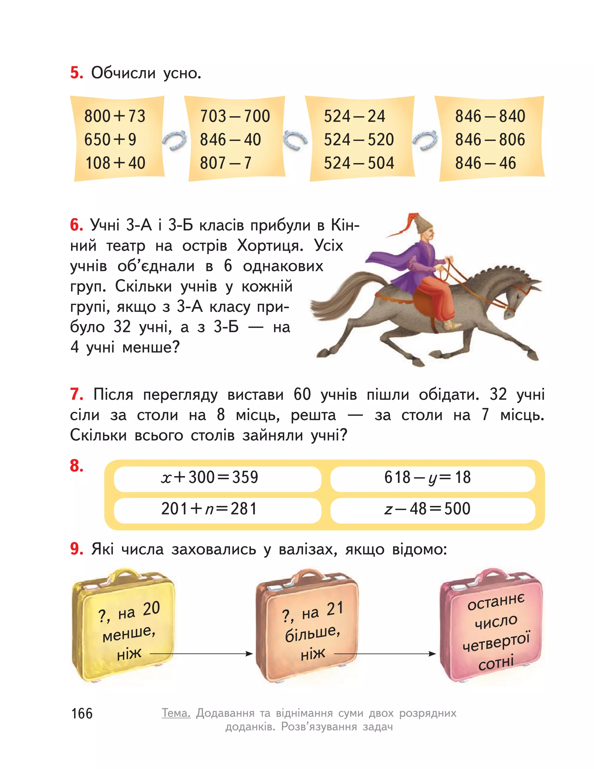 8.
201+n=281
х+300=359
z–48=500
618–y=18
9. Які числа заховались у  валізах, якщо відомо:
?, на 20
менше,
ніж
?, на 21
більше,
ніж
останнє
число
четвертої
сотні
6. Учні 3-А і 3-Б класів прибули в Кін-
ний театр на острів  Хортиця. Усіх
учнів об’єднали в  6 однакових
груп. Скільки учнів у  кожній
групі, якщо з 3-А класу при-
було 32 учні, а  з 3-Б  — на
4 учні менше?
7. Після перегляду вистави 60 учнів пішли обідати. 32 учні
сіли за столи на 8 місць, решта  — за столи на 7 місць.
Скільки всього столів зайняли учні?
5. Обчисли усно.
800+73
650+9
108+40
703–700
846–40
807–7
524–24
524–520
524–504
846–840
846–806
846–46
166 Тема. Додавання та віднімання суми двох розрядних
доданків. Розв’язування задач
 