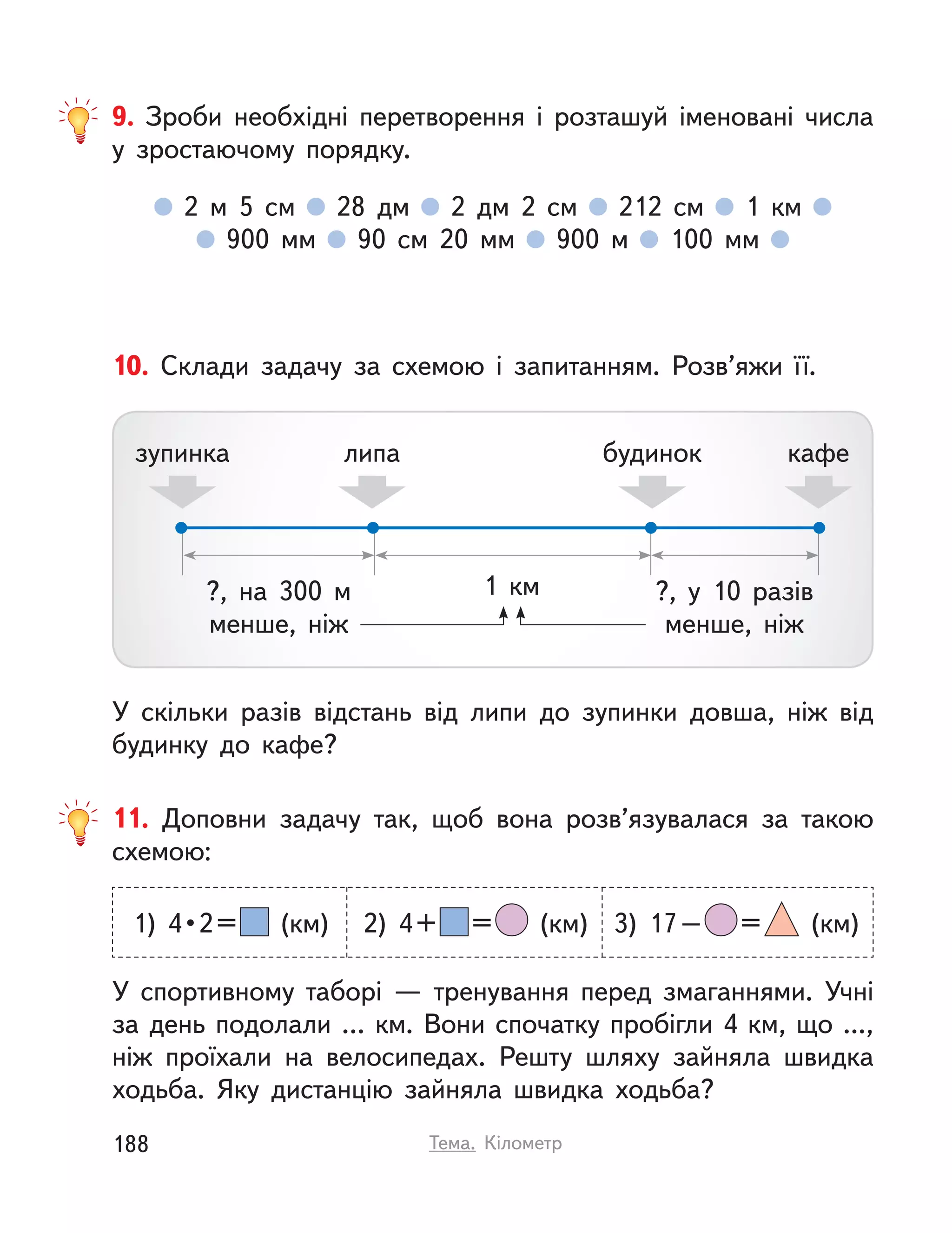 11. Доповни задачу так, щоб вона розв’язувалася за такою
схемою:
У спортивному таборі  — тренування перед змаганнями. Учні
за день подолали … км. Вони спочатку пробігли 4 км, що ...,
ніж проїхали на велосипедах. Решту шляху зайняла швидка
ходьба. Яку дистанцію зайняла швидка ходьба?
  1)  4 • 2 =  (км) 2) 4+ = (км) 3) 17– = (км)
9. Зроби необхідні перетворення і  розташуй іменовані числа
у  зростаючому порядку.
2  м 5  см 28 дм 2 дм 2  см 212  см 1  км
900  мм 90  см 20  мм 900  м 100  мм
10. Склади задачу за схемою і  запитанням. Розв’яжи її.
У скільки разів відстань від липи до зупинки довша, ніж від
будинку до кафе?
1  км?, на 300 м
менше, ніж
?, у  10 разів
менше, ніж
зупинка липа будинок кафе
188 Тема. Кілометр
 