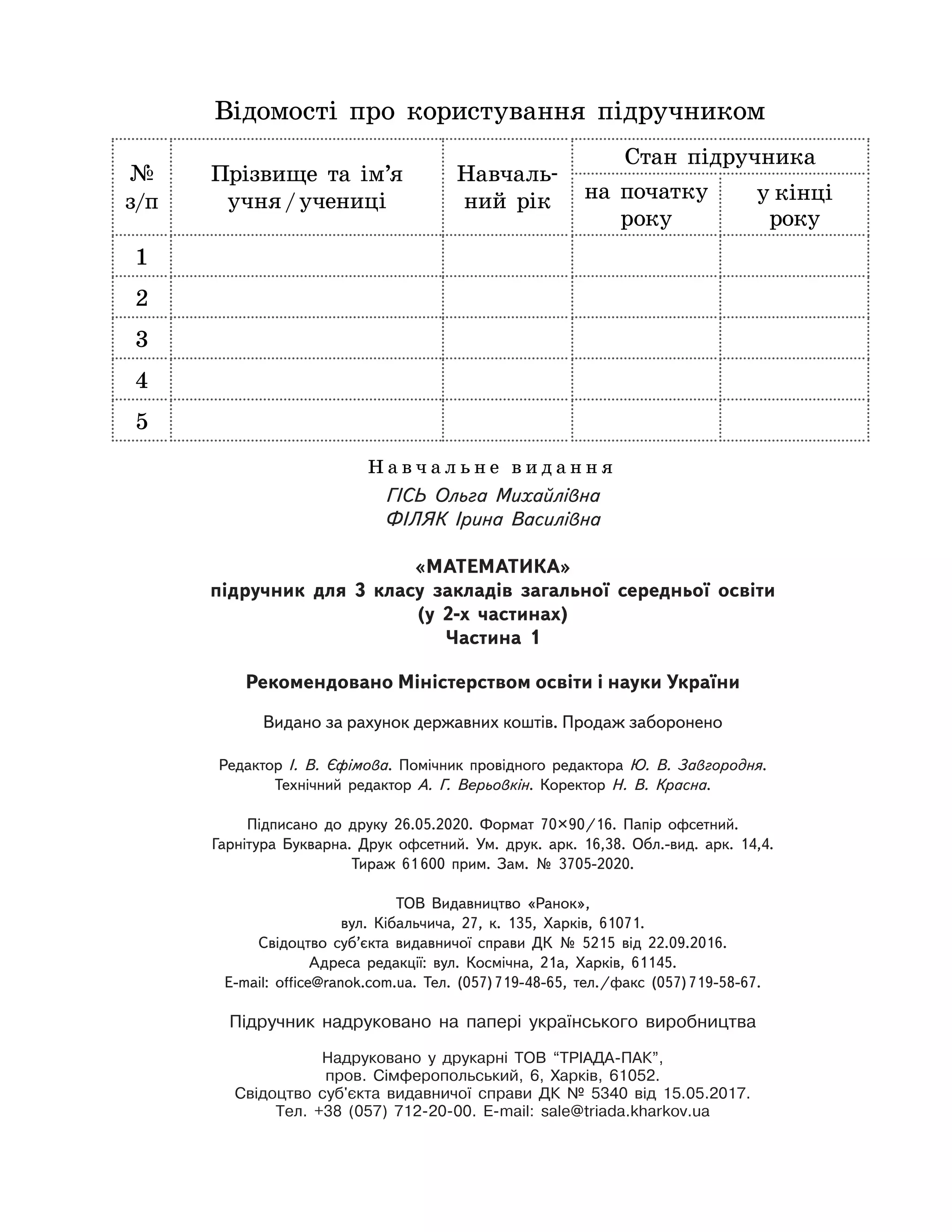 Підписано до друку 26.05.2020. Формат 70×90/16. Папір офсетний.
Гарнітура Букварна. Друк офсетний. Ум. друк. арк. 16,38. Обл.-вид. арк. 14,4.
Тираж 61 600 прим. Зам. № 3705-2020.
ТОВ Видавництво «Ранок»,
вул. Кібальчича, 27, к. 135, Харків, 61071.
Свідоцтво суб’єкта видавничої справи ДК № 5215 від 22.09.2016.
Адреса редакції: вул. Космічна, 21а, Харків, 61145.
E-mail: office@ranok.com.ua. Тел. (057) 719-48-65, тел./факс (057) 719-58-67.
Рекомендовано Міністерством освіти і науки України
Видано за рахунок державних коштів. Продаж заборонено
Підручник надруковано на папері українського виробництва
Надруковано у друкарні ТОВ “ТРІАДА-ПАК”,
пров. Сімферопольський, 6, Харків, 61052.
Свідоцтво суб'єкта видавничої справи ДК № 5340 від 15.05.2017.
Тел. +38 (057) 712-20-00. Е-mail: sale@triada.kharkov.ua
Гісь Ольга  Михайлівна 
Філяк
І
рина Василівна
«Математика»
підручник для 3 класу закладів загальної середньої освіти
(у 2-х частинах)
Частина 1
Редактор
І
. В. Єфімова. Помічник провідного редактора Ю. В. Завгородня.
Технічний редактор А. Г. Верьовкін. Коректор Н. В.
К
расна.
Н а в ч а л ь н е в и д а н н я
Відомості про користування підручником
№
з/п
Прізвище та ім’я
учня/учениці
Навчаль-
ний рік
Стан підручника
на початку
року
у кінці
року
1
2
3
4
5
Н а в ч а л ь н е в и д а н н я
Відомості про користування підручником
№
з/п
Прізвище та ім’я
учня/учениці
Навчаль-
ний рік
Стан підручника
на початку
року
у кінці
року
1
2
3
4
5
 