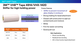 Product
3M™ VHB™ Tape 4914/VHX-1420
Stiffer for high holding power
3M VHB
Tape
Liner Thickness
Total Thickness
w/o Liner
4914-015 75um 150μm
4914-020 75um 200μm
4914 75um 250um
Product Features
• Stiffer to prevent movement of
glass display in enclosure
▪ Strong holding for bezel attachment
▪ Closed-cell construction to seal out
contaminants and moisture
▪ White
▪ Firm for easier converting
▪ Good push-out
Main Applications
• Phone Lens Bonding
• Notebook lens bonding
• All-in-One/monitor bezel attachment
DK Paper Liner
Clear Skin Adhesive
White Acrylic Foam Core
Clear Skin Adhesive
Key Feature
3M™ VHB™ Tapes
 