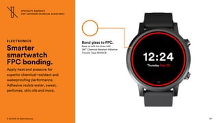 120
© 3M 2018. All Rights Reserved.
ELECTRONICS
Smarter
smartwatch
FPC bonding.
Apply heat and pressure for
superior chemical-resistant and
waterproofing performance.
Adhesive resists water, sweat,
perfumes, skin oils and more.
Keep up with the times with
3M™ Chemical-Resistant Adhesive
Transfer Tape 96105CR.
Bond glass to FPC.
SPECIALTY ADHESIVE
FOR SUPERIOR CHEMICAL RESISTANCE
 