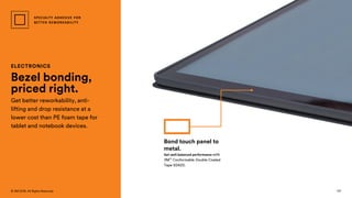 121
© 3M 2018. All Rights Reserved.
ELECTRONICS
Bezel bonding,
priced right.
Get better reworkability, anti-
lifting and drop resistance at a
lower cost than PE foam tape for
tablet and notebook devices.
Get well-balanced performance with
3M™ Conformable Double Coated
Tape 93420.
Bond touch panel to
metal.
SPECIALTY ADHESIVE FOR
BETTER REWORKABILITY
 