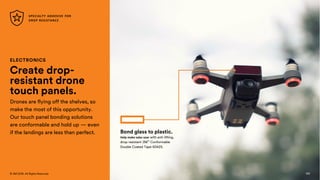 122
© 3M 2018. All Rights Reserved.
ELECTRONICS
Create drop-
resistant drone
touch panels.
Drones are flying off the shelves, so
make the most of this opportunity.
Our touch panel bonding solutions
are conformable and hold up — even
if the landings are less than perfect.
Help make sales soar with anti-lifting,
drop-resistant 3M™ Conformable
Double Coated Tape 93425.
Bond glass to plastic.
SPECIALTY ADHESIVE FOR
DROP RESISTANCE
122
 