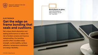 123
© 3M 2018. All Rights Reserved.
ELECTRONICS
Get the edge on
frame bonding that
seals and cushions.
Get unique shock absorption and
sealing performance to reduce the
risk of broken screens and improve
waterproofing. Our bonding
solution offers excellent shear
strength, conformability, surface
adhesion, temperature resistance
and design flexibility.
Protect and seal displays on
tablets and phones with 3M™
VHB™ Tape 5909.
Bond plastic to glass.
SPECIALITY ADHESIVE FOR HIGH
IMPACT RESISTANCE
123
 