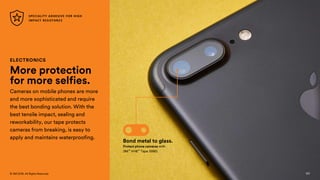 127
© 3M 2018. All Rights Reserved.
ELECTRONICS
More protection
for more selfies.
Cameras on mobile phones are more
and more sophisticated and require
the best bonding solution. With the
best tensile impact, sealing and
reworkability, our tape protects
cameras from breaking, is easy to
apply and maintains waterproofing.
Protect phone cameras with
3M™ VHB™ Tape 5980.
Bond metal to glass.
SPECIALITY ADHESIVE FOR HIGH
IMPACT RESISTANCE
127
 