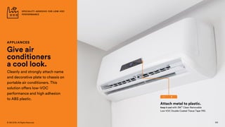 129
© 3M 2018. All Rights Reserved.
APPLIANCES
Give air
conditioners
a cool look.
Cleanly and strongly attach name
and decorative plate to chassis on
portable air conditioners. This
solution offers low-VOC
performance and high adhesion
to ABS plastic.
Keep it cool with 3M™ Clean Removable
Low VOC Double Coated Tissue Tape 1110.
Attach metal to plastic.
SPECIALITY ADHESIVE FOR LOW-VOC
PERFORMANCE
129
 