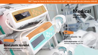 132
© 3M 2018. All Rights Reserved.
©3M2017.All rightsreserved.
Bondplastictometal.
Makesurethecaseisclosedwith 3M™
Double CoatedTape93020LE.
Bondplastic to
plastic.
Doctorplasticoverlays with 3M™
Adhesive Transfer Tape9471LE.
Medical
Get plasticsto
stick —STAT.
3M™ Tapes for Hard-to-Bond Surfaces with 3M™ High-Strength Acrylic Adhesive 300LSE
 
