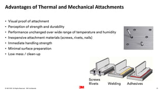 21
. All Rights Reserved.
16 March 2022
© 3M 3M Confidential.
Advantages of Thermal and Mechanical Attachments
• Visual proof of attachment
• Perception of strength and durability
• Performance unchanged over wide range of temperature and humidity
• Inexpensive attachment materials (screws, rivets, nails)
• Immediate handling strength
• Minimal surface preparation
• Low mess / clean-up
Adhesives
Welding
Screws
Rivets
 