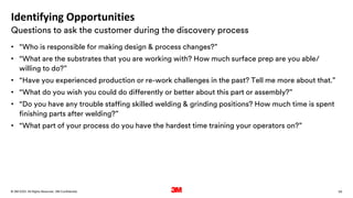 59
. All Rights Reserved.
16 March 2022
© 3M 3M Confidential.
Identifying Opportunities
• “Who is responsible for making design & process changes?”
• “What are the substrates that you are working with? How much surface prep are you able/
willing to do?”
• “Have you experienced production or re-work challenges in the past? Tell me more about that.”
• “What do you wish you could do differently or better about this part or assembly?”
• “Do you have any trouble staffing skilled welding & grinding positions? How much time is spent
finishing parts after welding?”
• “What part of your process do you have the hardest time training your operators on?”
Questions to ask the customer during the discovery process
 