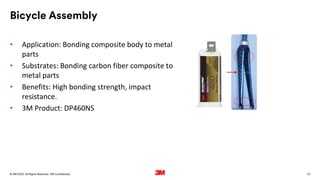 73
. All Rights Reserved.
16 March 2022
© 3M 3M Confidential.
Bicycle Assembly
• Application: Bonding composite body to metal
parts
• Substrates: Bonding carbon fiber composite to
metal parts
• Benefits: High bonding strength, impact
resistance.
• 3M Product: DP460NS
 
