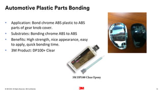 74
. All Rights Reserved.
16 March 2022
© 3M 3M Confidential.
Automotive Plastic Parts Bonding
• Application: Bond chrome ABS plastic to ABS
parts of gear knob cover.
• Substrates: Bonding chrome ABS to ABS
• Benefits: High strength, nice appearance, easy
to apply, quick bonding time.
• 3M Product: DP100+ Clear
 