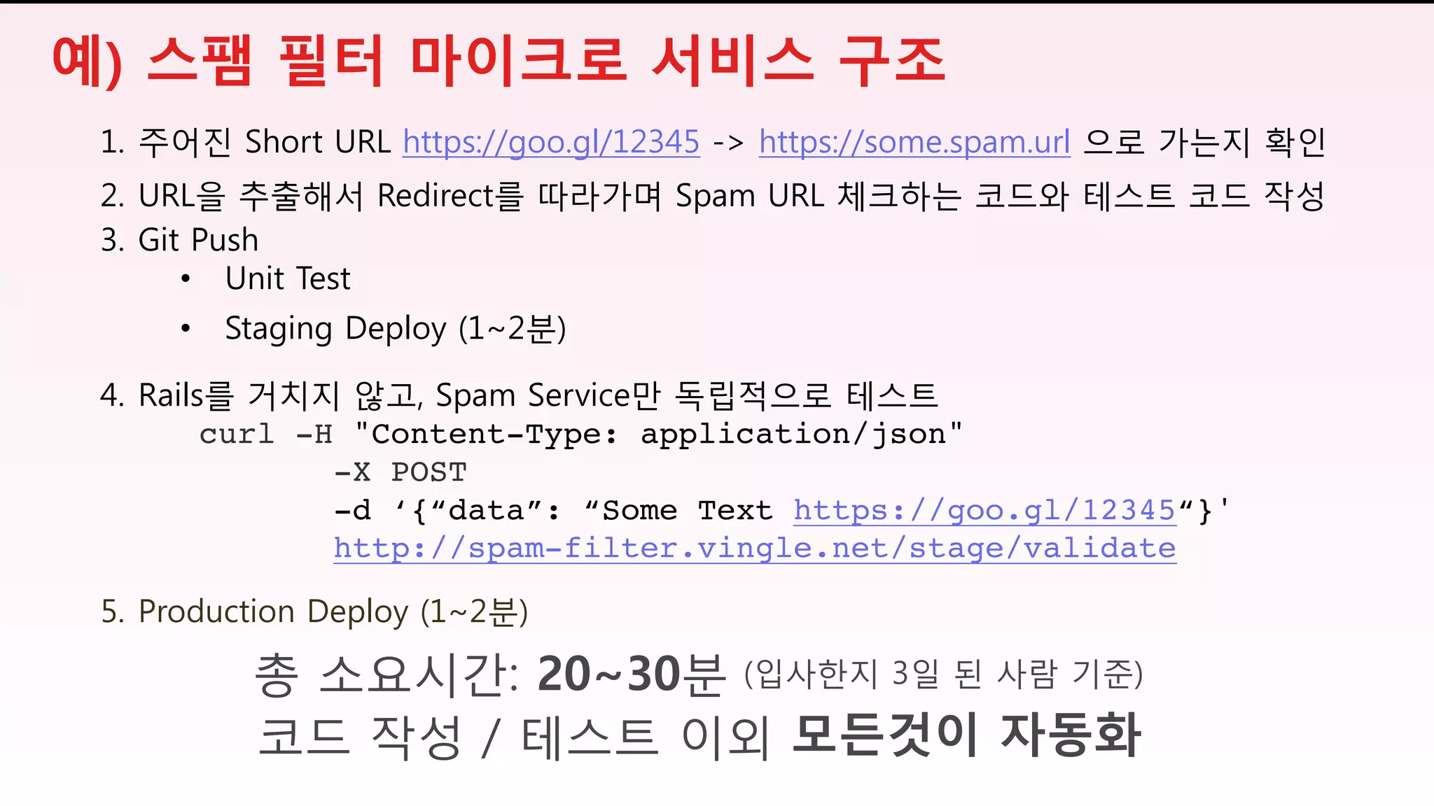 1. 주어진 Short URL https://goo.gl/12345 -> https://some.spam.url 으로 가는지 확인
2. URL을 추출해서 Redirect를 따라가며 Spam URL 체크하는 코드와 테스트 코드 작성
3. Git Push
• Unit Test
• Staging Deploy (1~2분)
4. Rails를 거치지 않고, Spam Service만 독립적으로 테스트
curl -H "Content-Type: application/json"
-X POST
-d ‘{“data”: “Some Text https://goo.gl/12345“}'
http://spam-filter.vingle.net/stage/validate
5. Production Deploy (1~2분)
총 소요시간: 20~30분
코드 작성 / 테스트 이외 모든것이 자동화
(입사한지 3일 된 사람 기준)
예) 스팸 필터 마이크로 서비스 구조
 