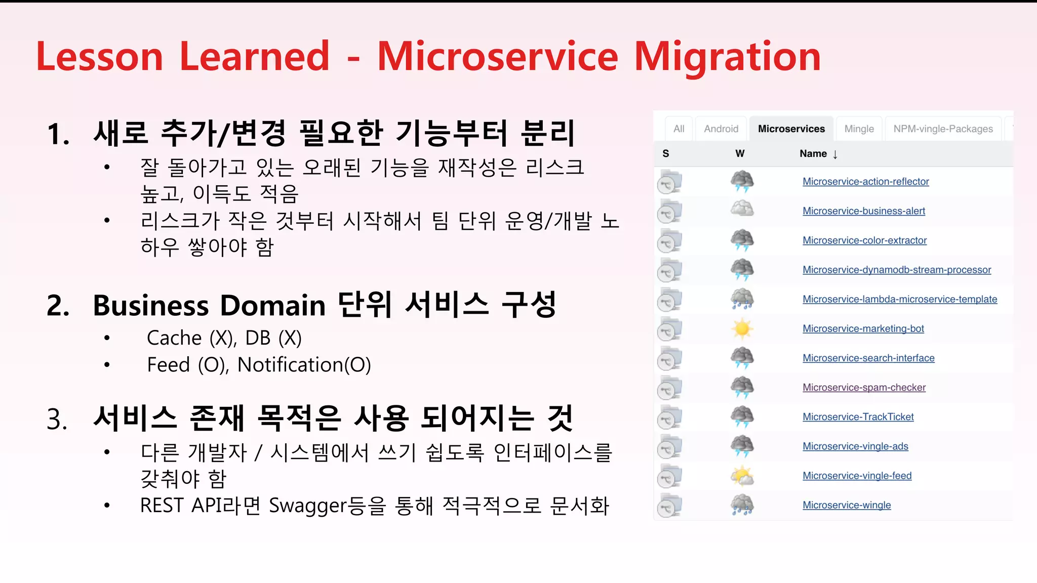 Lesson Learned - Microservice Migration
1. 새로 추가/변경 필요한 기능부터 분리
• 잘 돌아가고 있는 오래된 기능을 재작성은 리스크
높고, 이득도 적음
• 리스크가 작은 것부터 시작해서 팀 단위 운영/개발 노
하우 쌓아야 함
2. Business Domain 단위 서비스 구성
• Cache (X), DB (X)
• Feed (O), Notification(O)
3. 서비스 존재 목적은 사용 되어지는 것
• 다른 개발자 / 시스템에서 쓰기 쉽도록 인터페이스를
갖춰야 함
• REST API라면 Swagger등을 통해 적극적으로 문서화
 