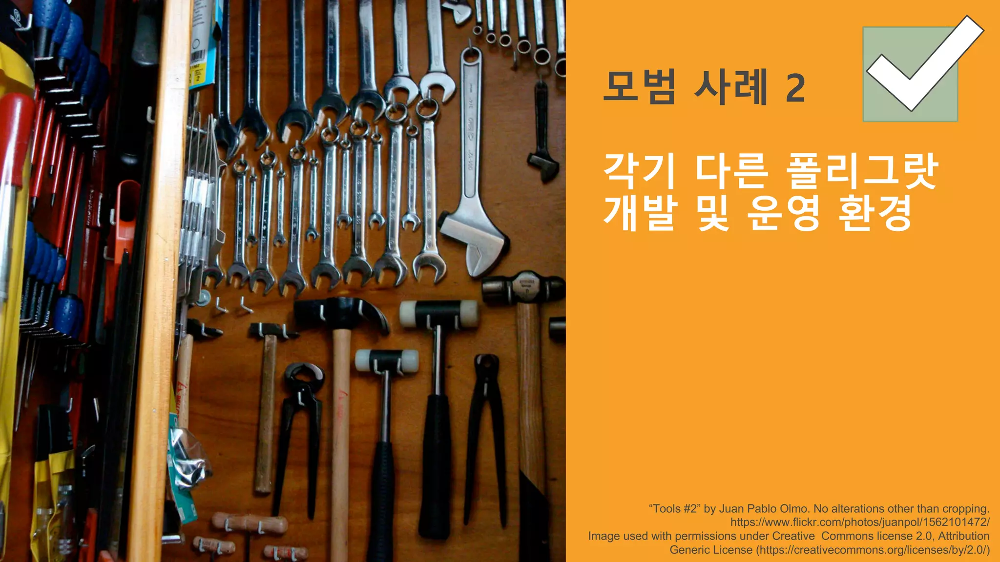 “Tools #2” by Juan Pablo Olmo. No alterations other than cropping.
https://www.flickr.com/photos/juanpol/1562101472/
Image used with permissions under Creative Commons license 2.0, Attribution
Generic License (https://creativecommons.org/licenses/by/2.0/)
모범 사례 2
각기 다른 폴리그랏
개발 및 운영 환경
 