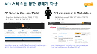 API 서비스를 통한 생태계 확산
https://aws.amazon.com/ko/blogs/compute/generate
-your-own-api-gateway-developer-portal/
https://aws.amazon.com/ko/blogs/compute/monetize-your-
apis-in-aws-marketplace-using-api-gateway/
API Gateway Developer Portal
Serverless Application Model (SAM) 기반의
오픈 소스 키 발급 및 관리 백엔드
API Monetization in Marketplace
AWS Marketplace를 통해 API 서비스 판매 및
수익화 가능
 