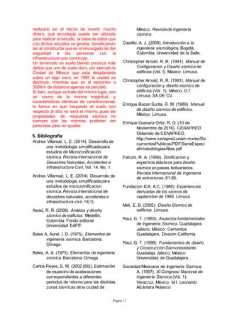 Página 11
realizarlo sin el hecho de invertir mucho
dinero, qué tecnología puede ser utilizada
para realizar el estudio, la base de datos que
con dichos estudios se genera, beneficiando
así al constructor que es el encargado de dar
seguridad a las personas con la
infraestructura que construye.
Un terremoto en suelo blando provoca más
daños que uno de suelo duro, por ejemplo la
Ciudad de México que esta desplantada
sobre un lago seco, en 1985 la ciudad se
destruyó, mientras que en el epicentro a
350Km de distancia apenas se percibió.
Si bien, aunque se trate del mismo lugar, con
un sismo de la misma magnitud, y
características idénticas de construcciones;
la forma en que responda el suelo con
respecto al otro no será el mismo, pues las
propiedades de respuesta sísmica no
siempre son las mismas, pudieran ser
parecidas pero no iguales.
5. Bibliografía
Andres Villareal, L. E. (2014). Desarrollo de
una metodologia simplificada para
estudios de Microzonificación
sismica. Revista Internacional de
Desastres Naturales, Accidentes e
Infraestructura Civil, Vol. 14. No. 1.
Andres Villarreal, L. E. (2014). Desarrollo de
una metodologia simplificada para
estudios de microzonificacion
sismica. Revista Internacional de
desastres naturales, accidentes e
infraestructura civil, 14(1).
Awad, R. R. (2008). Análisis y diseño
sismico de edificios. Medellin,
Colombia: Fondo editorial
Universidad EAFIT.
Beles A. Aurel, I. D. (1975). Elementos de
ingenieria sismica. Barcelona:
Omega.
Beles, A. A. (1975). Elementos de ingenieria
sismica. Barcelona: Omega.
Carlos Reyes, E. M. (2002 (66)). Estimación
de espectro de aceleraciones
correspondientes a diferentes
periodos de retorno para las distintas
zonas sismicas de la ciudad de
México. Revista de ingenieria
sismica.
Castillo, A. J. (2009). Introducción a la
ingenieria sismológica. Bogotá,
Colombia: Universidad de la Salle.
Christopher Arnold, R. R. (1991). Manual de
Configuracion y Diseño sismico de
edificios (Vol. I). México: Limusa.
Christopher Arnold, R. R. (1991). Manual de
configuración y diseño sismico de
edificios (Vol. 1). México, D.f:
Limusa, SA DE CV.
Enrique Bazan Surita, R. M. (1989). Manual
de diseño sismico de edificios.
México: Limusa.
Enrique Guevara Ortiz, R. Q. (10 de
Noviembre de 2016). CENAPRED.
Obtenido de CENAPRED:
http://www.cenapred.unam.mx/es/Do
cumentosPublicos/PDF/SerieEspeci
al/metodologiasAtlas.pdf
Falconi, R. A. (1999). Zonificacion y
espectros elásticos para diseño
sismico en paises bolivarianos.
Revista Internacional de Ingenieria
de estructuras, 61-85.
Fundacion ICA, A.C. (1988). Experiencias
derivadas de los sismos de
septiembre de 1985. Limusa.
Meli, E. B. (2002). Diseño Sismico de
edificios. Limusa.
Raul, G. T. (1983). Aspectos fundamentales
de Ingenieria Sismica. Guadalajara
Jalisco, México: Cementos
Guadalajara, Division California.
Raul, G. T. (1998). Fundamentos de diseño
y Construcción Sismoresistente.
Guadalaja Jalisco, México:
Universidad de Guadalajara.
Sociedad Mexicana de Ingenieria Sismica,
A. (1997). XI Congreso Nacional de
Ingeniería Sísmica (Vol. 1).
Veracruz, México: M.I. Leonardo
Alcántara Nolasco.
 