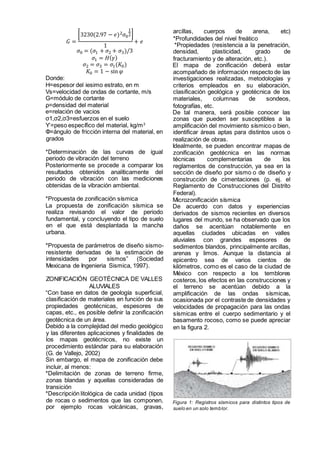 𝐺 =
[3230(2.97 − 𝑒)2 𝜎0
1
2]
1
+ 𝑒
𝜎0 = (𝜎1 + 𝜎2 + 𝜎3)/3
𝜎1 = 𝐻( 𝛾)
𝜎2 = 𝜎3 = 𝜎1(𝐾0)
𝐾0 = 1 − sin 𝜑
Donde:
H=espesor del iesimo estrato, en m
Vs=velocidad de ondas de cortante, m/s
G=módulo de cortante
ρ=densidad del material
e=relación de vacios
σ1,σ2,σ3=esfuerzos en el suelo
ϒ=peso específico del material, kg/m3
Φ=ángulo de fricción interna del material, en
grados
*Determinación de las curvas de igual
periodo de vibración del terreno
Posteriormente se procede a comparar los
resultados obtenidos analíticamente del
periodo de vibración con las mediciones
obtenidas de la vibración ambiental.
*Propuesta de zonificación sísmica
La propuesta de zonificación sísmica se
realiza revisando el valor de periodo
fundamental, y concluyendo el tipo de suelo
en el que está desplantada la mancha
urbana.
*Propuesta de parámetros de diseño sismo-
resistente derivadas de la estimación de
intensidades por sismos” (Sociedad
Mexicana de Ingenieria Sismica, 1997).
ZONIFICACIÓN GEOTÉCNICA DE VALLES
ALUVIALES
“Con base en datos de geología superficial,
clasificación de materiales en función de sus
propiedades geotécnicas, espesores de
capas, etc., es posible definir la zonificación
geotécnica de un área.
Debido a la complejidad del medio geológico
y las diferentes aplicaciones y finalidades de
los mapas geotécnicos, no existe un
procedimiento estándar para su elaboración
(G. de Vallejo, 2002)
Sin embargo, el mapa de zonificación debe
incluir, al menos:
*Delimitación de zonas de terreno firme,
zonas blandas y aquellas consideradas de
transición
*Descripción litológica de cada unidad (tipos
de rocas o sedimentos que las componen,
por ejemplo rocas volcánicas, gravas,
arcillas, cuerpos de arena, etc)
*Profundidades del nivel freático
*Propiedades (resistencia a la penetración,
densidad, plasticidad, grado de
fracturamiento y de alteración, etc.).
El mapa de zonificación deberá estar
acompañado de información respecto de las
investigaciones realizadas, metodologías y
criterios empleados en su elaboración,
clasificación geológica y geotécnica de los
materiales, columnas de sondeos,
fotografías, etc.
De tal manera, será posible conocer las
zonas que pueden ser susceptibles a la
amplificación del movimiento sísmico o bien,
identificar áreas aptas para distintos usos o
realización de obras.
Idealmente, se pueden encontrar mapas de
zonificación geotécnica en las normas
técnicas complementarias de los
reglamentos de construcción, ya sea en la
sección de diseño por sismo o de diseño y
construcción de cimentaciones (p. ej. el
Reglamento de Construcciones del Distrito
Federal).
Microzonificación sísmica
De acuerdo con datos y experiencias
derivados de sismos recientes en diversos
lugares del mundo, se ha observado que los
daños se acentúan notablemente en
aquellas ciudades ubicadas en valles
aluviales con grandes espesores de
sedimentos blandos, principalmente arcillas,
arenas y limos. Aunque la distancia al
epicentro sea de varios cientos de
kilómetros, como es el caso de la ciudad de
México con respecto a los temblores
costeros, los efectos en las construcciones y
el terreno se acentúan debido a la
amplificación de las ondas sísmicas,
ocasionada por el contraste de densidades y
velocidades de propagación para las ondas
sísmicas entre el cuerpo sedimentario y el
basamento rocoso, como se puede apreciar
en la figura 2.
Figura 1: Registros sísmicos para distintos tipos de
suelo en un solo temblor.
 