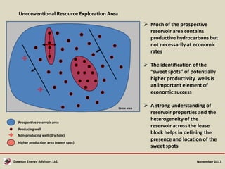 Unconventional Resource Exploration Area
 Much of the prospective
reservoir area contains
productive hydrocarbons but
not necessarily at economic
rates
 The identification of the
“sweet spots” of potentially
higher productivity wells is
an important element of
economic success
Lease area

Prospective reservoir area
Producing well
Non-producing well (dry hole)
Higher production area (sweet spot)

Dawson Energy Advisors Ltd.

 A strong understanding of
reservoir properties and the
heterogeneity of the
reservoir across the lease
block helps in defining the
presence and location of the
sweet spots
November 2013

 