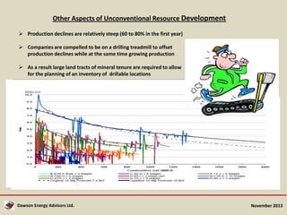 Other Aspects of Unconventional Resource Development
 Production declines are relatively steep (60 to 80% in the first year)
 Companies are compelled to be on a drilling treadmill to offset
production declines while at the same time growing production
 As a result large land tracts of mineral tenure are required to allow
for the planning of an inventory of drillable locations

Dawson Energy Advisors Ltd.

November 2013

 