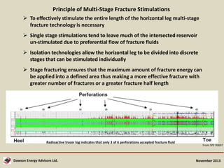 Principle of Multi-Stage Fracture Stimulations
 To effectively stimulate the entire length of the horizontal leg multi-stage
fracture technology is necessary
 Single stage stimulations tend to leave much of the intersected reservoir
un-stimulated due to preferential flow of fracture fluids
 Isolation technologies allow the horizontal leg to be divided into discrete
stages that can be stimulated individually
 Stage fracturing ensures that the maximum amount of fracture energy can
be applied into a defined area thus making a more effective fracture with
greater number of fractures or a greater fracture half length

Radioactive tracer log indicates that only 3 of 6 perforations accepted fracture fluid

Dawson Energy Advisors Ltd.

From SPE 90697

November 2013

 