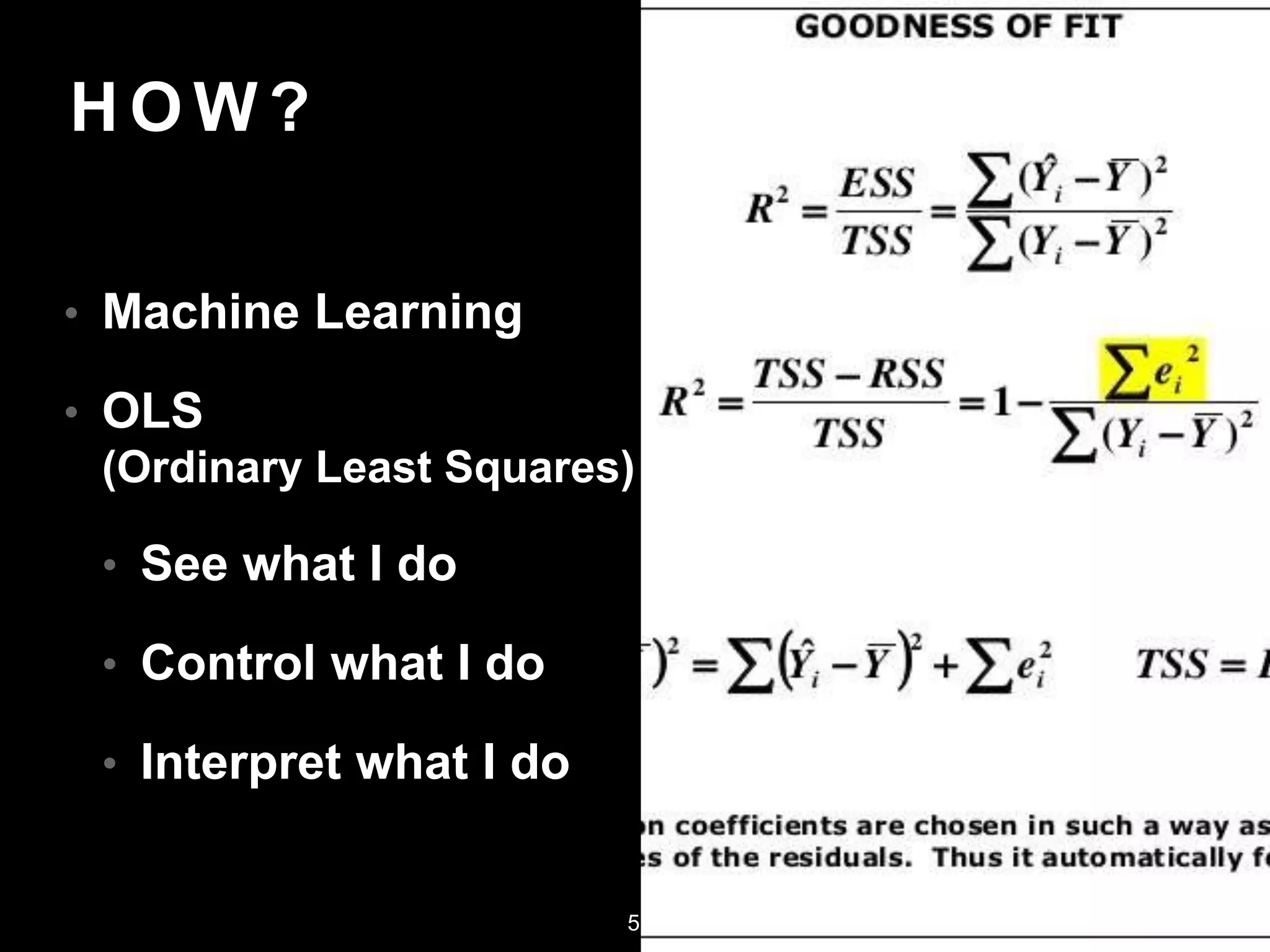 H O W ?
• Machine Learning
• OLS
(Ordinary Least Squares)
• See what I do
• Control what I do
• Interpret what I do
5