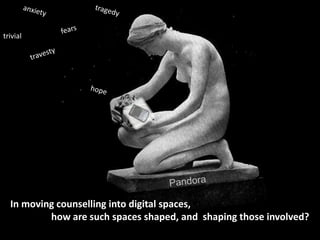 tragedy anxiety fears trivial travesty hope Pandora    In moving counselling into digital spaces,  			how are such spaces shaped, and  shaping those involved? 