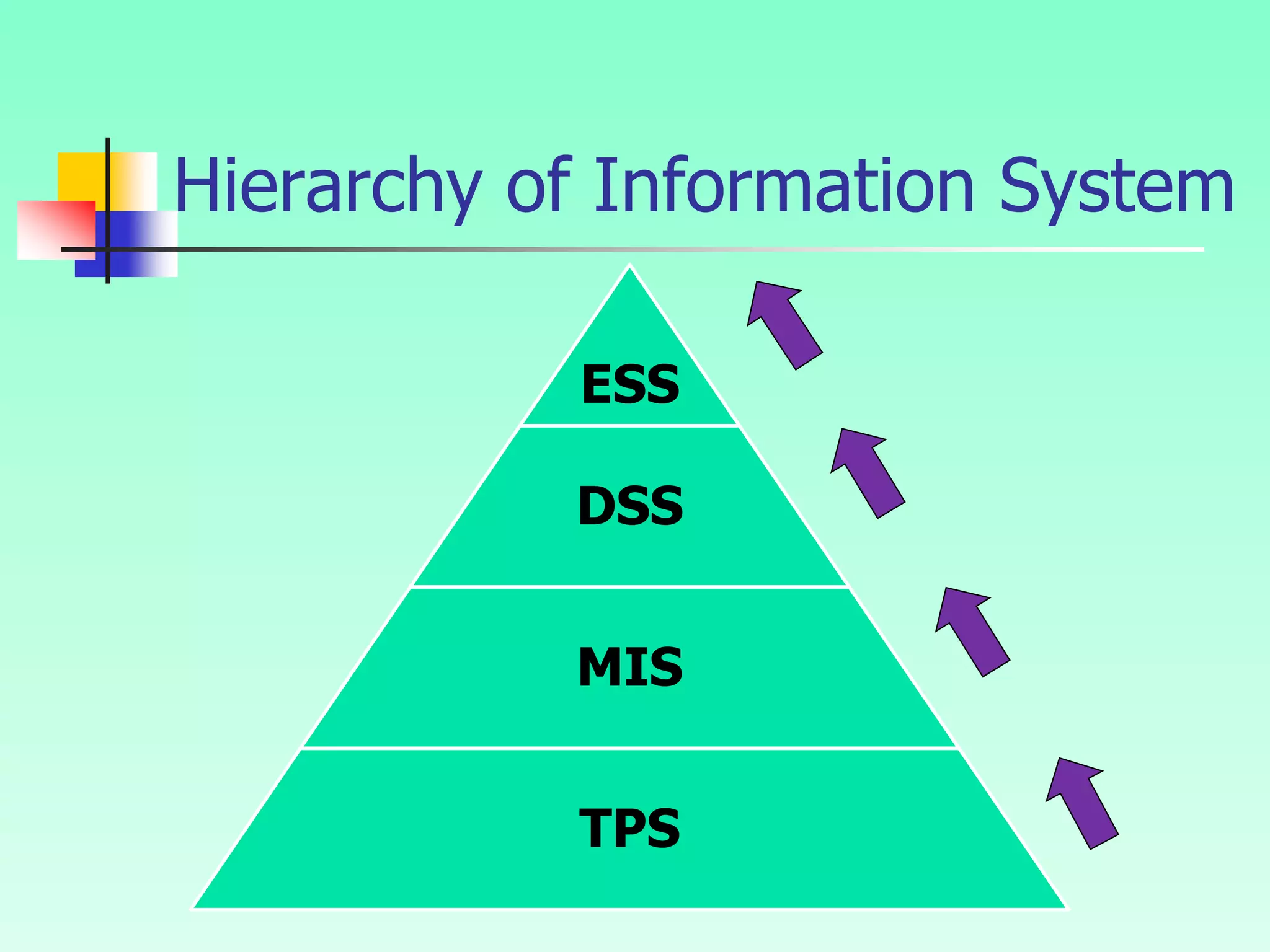 Hierarchy of Information System
ESS
DSS
MIS
TPS
 