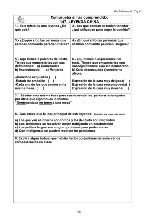 Mis lecturas de 3º y 4º
106
Comprueba si has comprendido:
147- LEYENDA CHINA
1.- Este relato es una leyenda ¿De
qué país?
2.- Los que comían no tenían tenedor
¿qué utilizaban para coger la comida?
3.- ¿En qué sitio las personas que
estaban comiendo parecían tristes?
4.- ¿En qué sitio las personas que
estaban comiendo parecían alegres?
5.- Aquí tienes 3 palabras del texto.
Tienes que emparejarlas con sus
definiciones: a) Comensales
b) Impresionado c) Manjares
-Alimentos exquisitos ( )
-Estado de emoción ( )
-Cada uno de los que comen en la
misma mesa. ( )
6.- Aquí tienes 3 expresiones del
texto. Tienes que emparejarlas con
sus significados: a)Gesto demacrado
b) Cara desencajada c)semblante
alegre.
Expresión de la cara muy delgada( )
Expresión de la cara descompuesta( )
Expresión de la cara muy risueña( )
7.- Escribe esta misma frase pero sustituyendo las palabras subrayadas
por otras que signifiquen lo mismo.
“Gente sentada en torno a una mesa”
8- .Cuál crees que la idea principal de esta leyenda: Rodea lo que creas más cierto
a) Los que van al infierno son tontos y los del cielo son muy listos
b) Los problemas se resuelven mejor trabajando en colaboración
c) Los palillos largos son un gran problema para poder comer
d) Con inteligencia se pueden resolver los problemas
9. Explica algún trabajo que habéis hecho conjuntamente entre varios
compañeros/as en clase.
 