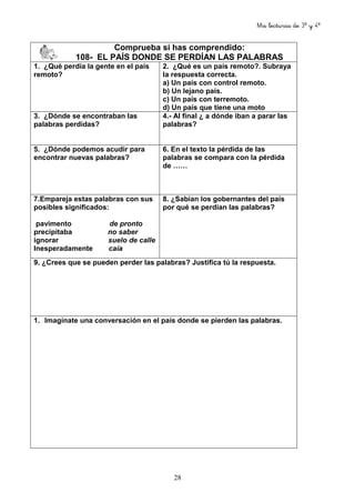 Mis lecturas de 3º y 4º
28
Comprueba si has comprendido:
108- EL PAÍS DONDE SE PERDÍAN LAS PALABRAS
1. ¿Qué perdía la gente en el país
remoto?
2. ¿Qué es un país remoto?. Subraya
la respuesta correcta.
a) Un país con control remoto.
b) Un lejano país.
c) Un país con terremoto.
d) Un país que tiene una moto
3. ¿Dónde se encontraban las
palabras perdidas?
4.- Al final ¿ a dónde iban a parar las
palabras?
5. ¿Dónde podemos acudir para
encontrar nuevas palabras?
6. En el texto la pérdida de las
palabras se compara con la pérdida
de ……
7.Empareja estas palabras con sus
posibles significados:
pavimento de pronto
precipitaba no saber
ignorar suelo de calle
Inesperadamente caía
8. ¿Sabían los gobernantes del país
por qué se perdían las palabras?
9. ¿Crees que se pueden perder las palabras? Justifica tú la respuesta.
1. Imagínate una conversación en el país donde se pierden las palabras.
 