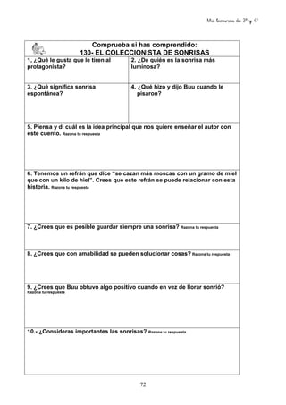 Mis lecturas de 3º y 4º
72
Comprueba si has comprendido:
130- EL COLECCIONISTA DE SONRISAS
1, ¿Qué le gusta que le tiren al
protagonista?
2. ¿De quién es la sonrisa más
luminosa?
3. ¿Qué significa sonrisa
espontánea?
4. ¿Qué hizo y dijo Buu cuando le
pisaron?
5. Piensa y di cuál es la idea principal que nos quiere enseñar el autor con
este cuento. Razona tu respuesta
6. Tenemos un refrán que dice “se cazan más moscas con un gramo de miel
que con un kilo de hiel”. Crees que este refrán se puede relacionar con esta
historia. Razona tu respuesta
7. ¿Crees que es posible guardar siempre una sonrisa? Razona tu respuesta
8. ¿Crees que con amabilidad se pueden solucionar cosas? Razona tu respuesta
9. ¿Crees que Buu obtuvo algo positivo cuando en vez de llorar sonrió?
Razona tu respuesta
10.- ¿Consideras importantes las sonrisas? Razona tu respuesta
 