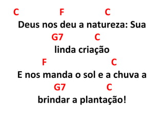 C F C
Deus nos deu a natureza: Sua
G7 C
linda criação
F C
E nos manda o sol e a chuva a
G7 C
brindar a plantação!
 
