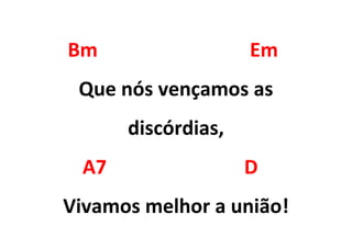 Bm Em
Que nós vençamos as
discórdias,
A7 D
Vivamos melhor a união!
 