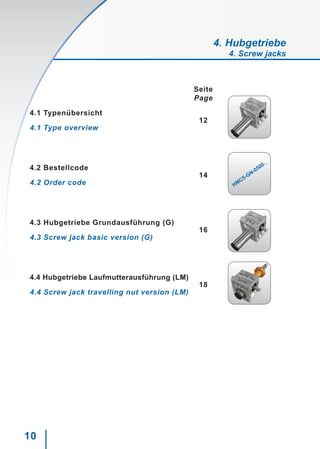 10
4. Hubgetriebe
4. Screw jacks
Seite
Page
4.1 Typenübersicht
12
4.1 Type overview
4.2 Bestellcode
14
4.2 Order code
4.3 Hubgetriebe Grundausführung (G)
16
4.3 Screw jack basic version (G)
4.4 Hubgetriebe Laufmutterausführung (LM)
18
4.4 Screw jack travelling nut version (LM)
HMC5-GN-0500..
 