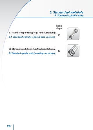 20
5. Standardspindelköpfe
5. Standard spindle ends
Seite
Page
5.1 Standardspindelköpfe (Grundausfühung)
21
5.1 Standard spindle ends (basic version)
5.2 Standardspindelköpfe (Laufmutterausführung)
24
5.2 Standard spindle ends (travelling nut version)
 