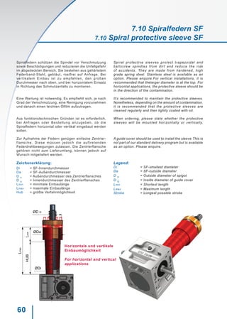 60
ØDi
LminHUB
Lmax
ØDa
ØD f2
Spiralfedern schützen die Spindel vor Verschmutzung
sowie Beschädigungen und reduzieren die Unfallgefahr
im abgedeckten Bereich. Sie bestehen aus gehärtetem
Federband-Stahl, gebläut, rostfrei auf Anfrage. Bei
vertikalem Einbau ist zu empfehlen, den großen
Durchmesser nach oben, und bei horizontalem Einsatz
in Richtung des Schmutzanfalls zu montieren.
Eine Wartung ist notwendig. Es empfiehlt sich, je nach
Grad der Verschmutzung, eine Reinigung vorzunehmen
und danach einen leichten Ölfilm aufzutragen.
Aus funktionstechnischen Gründen ist es erforderlich,
bei Anfragen oder Bestellung anzugeben, ob die
Spiralfedern horizontal oder vertikal eingebaut werden
sollen.
Zur Aufnahme der Federn genügen einfache Zentrier-
flansche. Diese müssen jedoch die auftretenden
Federdrehbewegungen zulassen. Die Zentrierflansche
gehören nicht zum Lieferumfang, können jedoch auf
Wunsch mitgeliefert werden.
Zeichenerklärung:
Di		 = SF-Innendurchmesser
Da		 = SF-Außendurchmesser
D f1
		 = Außendurchmesser des Zentrierflansches
D f2
		 = Innendurchmesser des Zentrierflansches
Lmin		 = minimale Einbaulänge
Lmax		 = maximale Einbaulänge
Hub		 = größte Verfahrmöglichkeit
Spiral protective sleeves protect trapezoidal and
ballscrew spindles from dirt and reduce the risk
of accidents. They are made from hardened, high
grade spring steel. Stainless steel is available as an
option. Please enquire.For vertical installations, it is
recommended that thelarger diameter is at the top. For
horizontal applications, the protective sleeve should be
in the direction of the contamination.
It‘s recommended to maintain the protective sleeves.
Nonetheless, depending on the amount of contamination,
it is recommended that the protective sleeves are
cleaned regularly and then lightly coated with oil.
When ordering, please state whether the protective
sleeves will be mounted horizontally or vertically.
A guide cover should be used to install the sleeve.This is
not part of our standard delivery program but is available
as an option. Please enquire.
Legend:
Di 			 = SF-smallest diameter
Da 			 = SF-outside diameter
D f1
			 = Outside diameter of spigot
D f2
			 = Inside diameter of guide cover
Lmin 			 = Shortest length
Lmax 			 = Maximum length
Stroke 		 = Longest possible stroke
Horizontale und vertikale
Einbaumöglichkeit
For horizontal and vertical
applications
7.10 Spiralfedern SF
7.10 Spiral protective sleeve SF
 